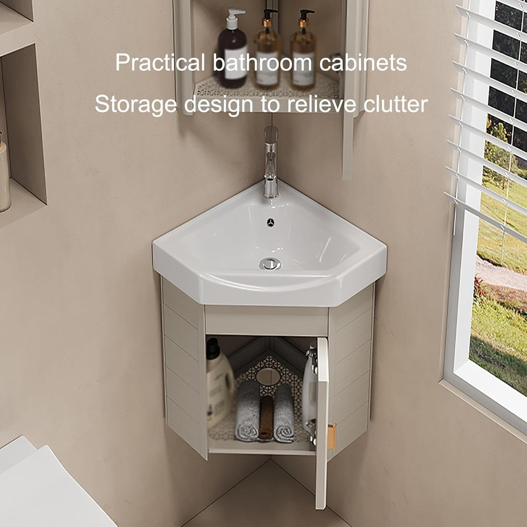 Wall-Mounted Beige Ceramic Sink with Vanity Set Complete Bathroom Fur Including Faucet 38Cm Space-Saving Washbasin & Under-Sink Cabinet for Modern Bathrooms.,