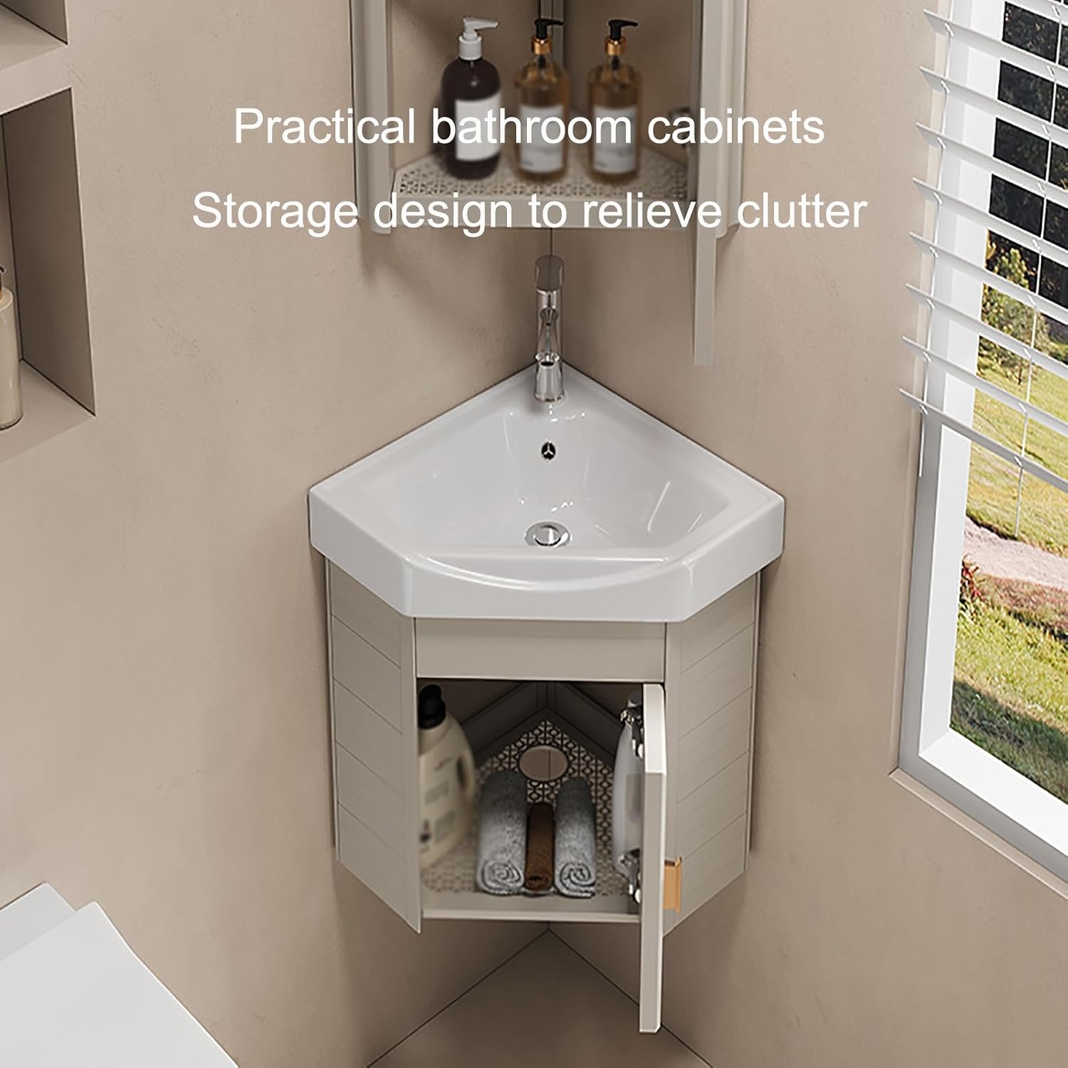 Wall-Mounted Beige Ceramic Sink with Vanity Set Complete Bathroom Fur Including Faucet 38Cm Space-Saving Washbasin & Under-Sink Cabinet for Modern Bathrooms.,