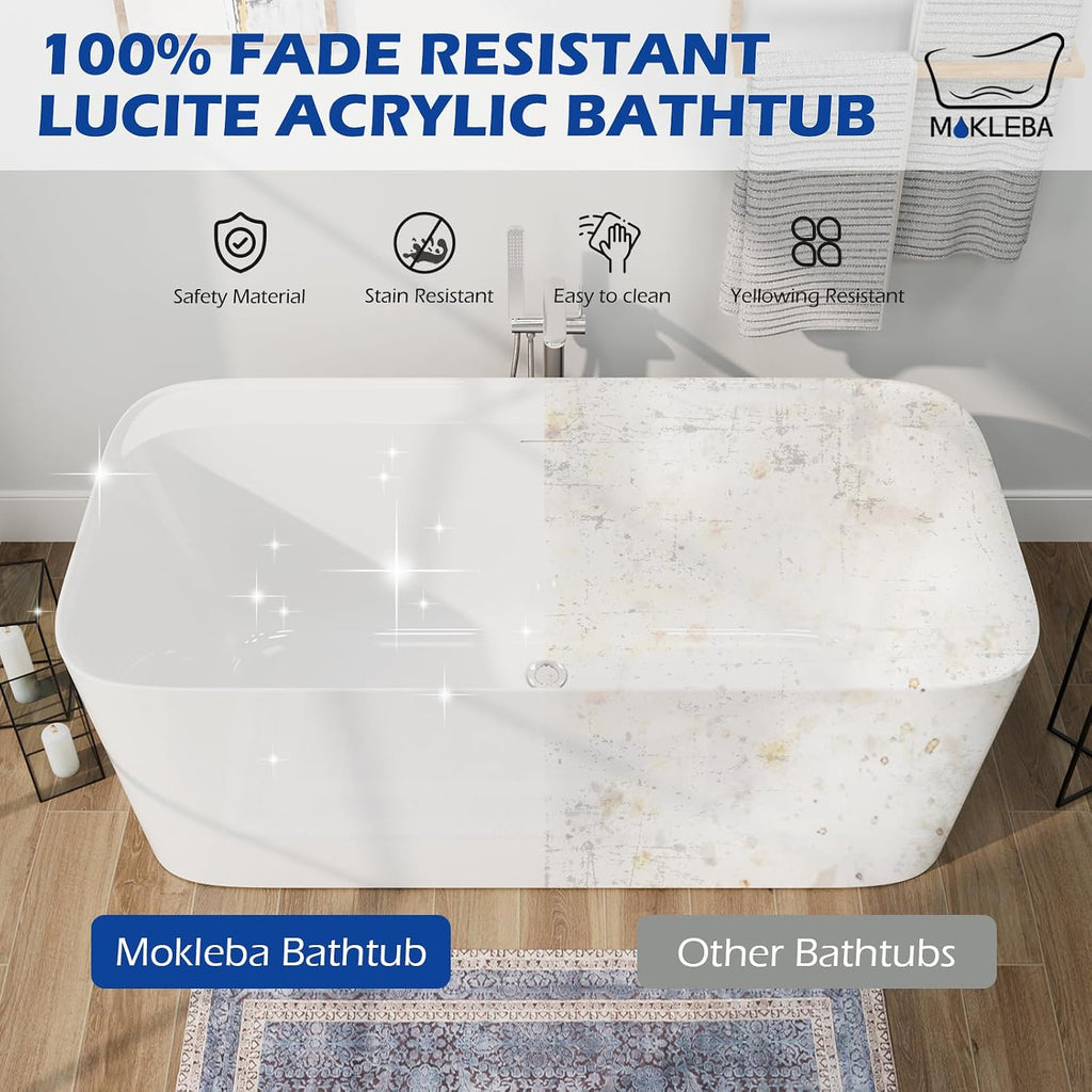 59' Lucite Acrylic Freestanding Bathtub, Rectangular Shape Contemporary Soaking Tub with Toe-tap Chrome Drain, Slotted Overflow, cUPC Certified, Glossy White