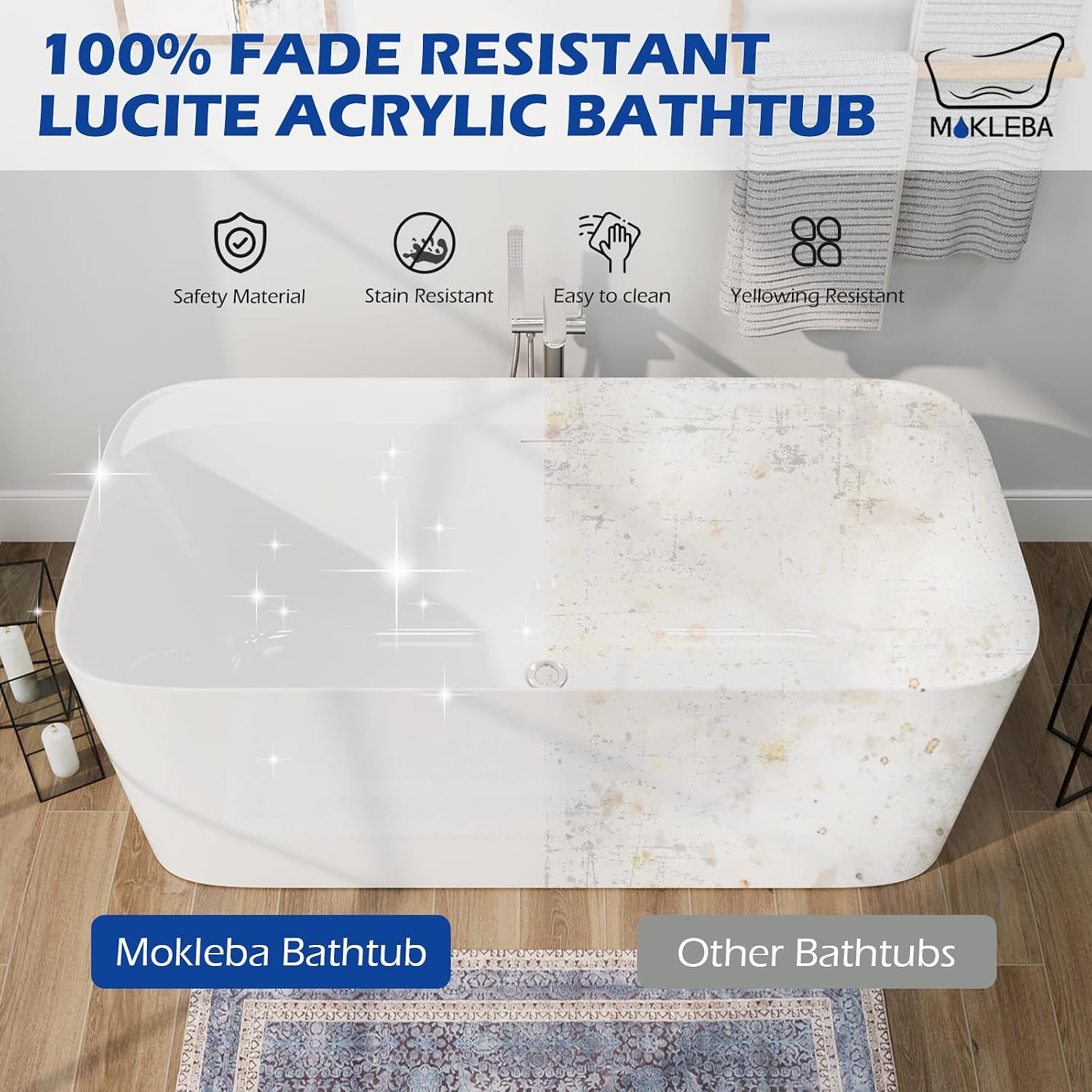 59' Lucite Acrylic Freestanding Bathtub, Rectangular Shape Contemporary Soaking Tub with Toe-tap Chrome Drain, Slotted Overflow, cUPC Certified, Glossy White