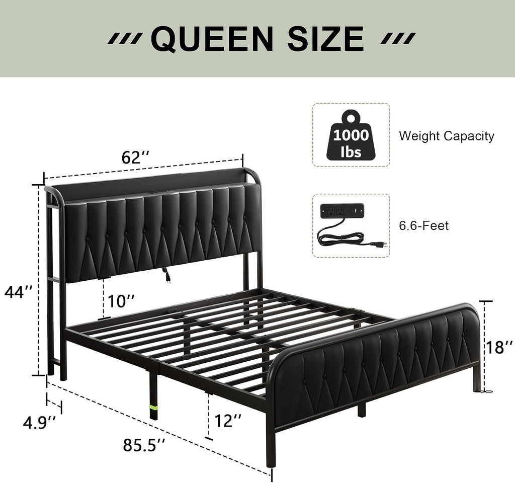 Queen Bed Frame with Fast Charging Station, Leather Queen Size Metal Platform Beds with Upholstered Headboard & Footboard,12' Underbed Storage Space,Easy Assembly,Noise-Free,Black