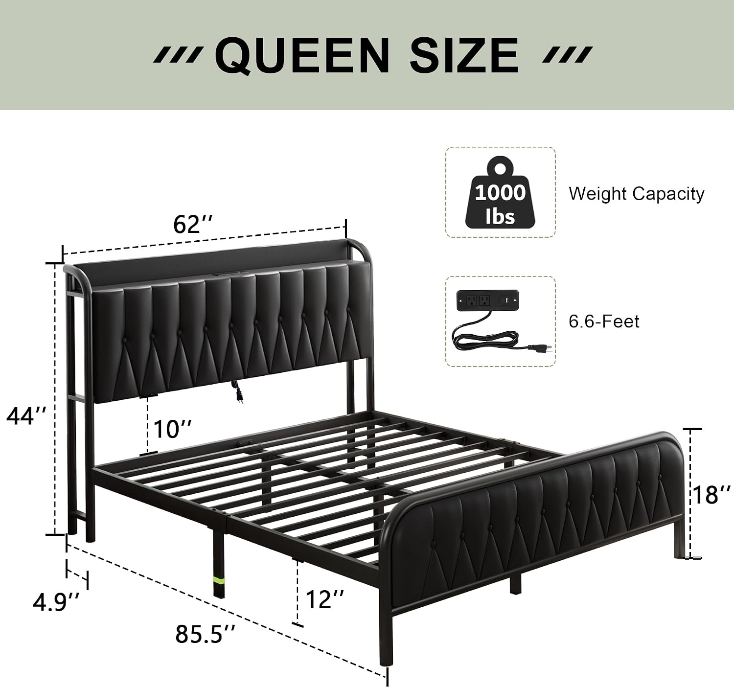 Queen Bed Frame with Fast Charging Station, Leather Queen Size Metal Platform Beds with Upholstered Headboard & Footboard,12' Underbed Storage Space,Easy Assembly,Noise-Free,Black