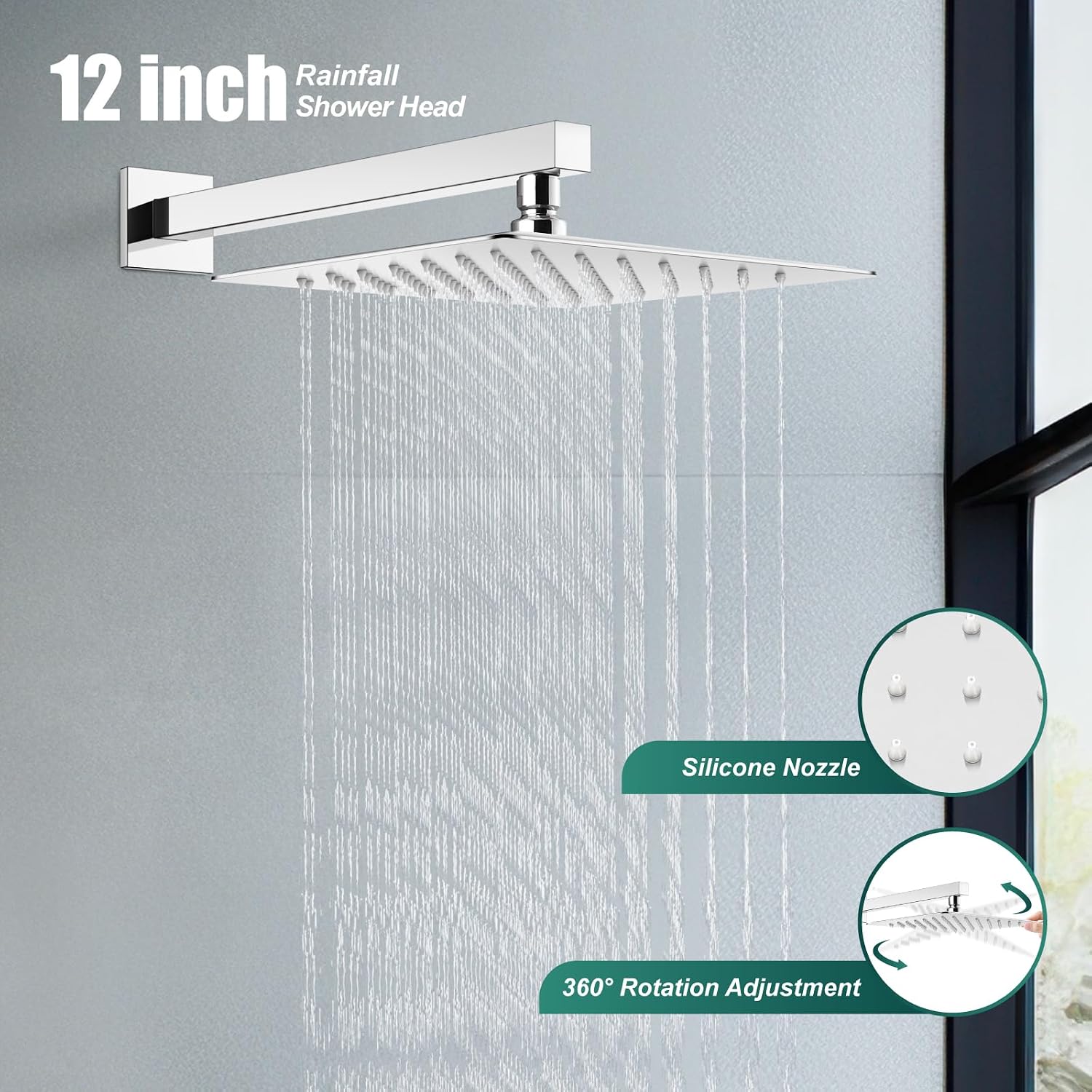 Heyalan Shower System Square Rain Shower System Head Shower Faucet Fixture 2 in 1 Handheld Shower Sprayer Rough in Valve Wall Mount Bathroom Rainfall Combo Set High Pressure,12 Inch,Polished Chrome