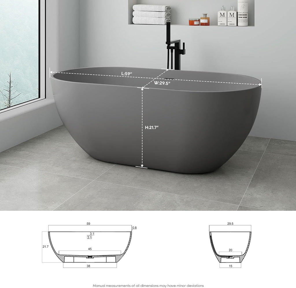 SJ STAR&JANE 59' Solid Surface Freestanding Bathtub Oval Stone Resin Soaking Tub Modern Stand Alone Tub with Overflow & Pop-up Drain for Bathrooms Dark Gray