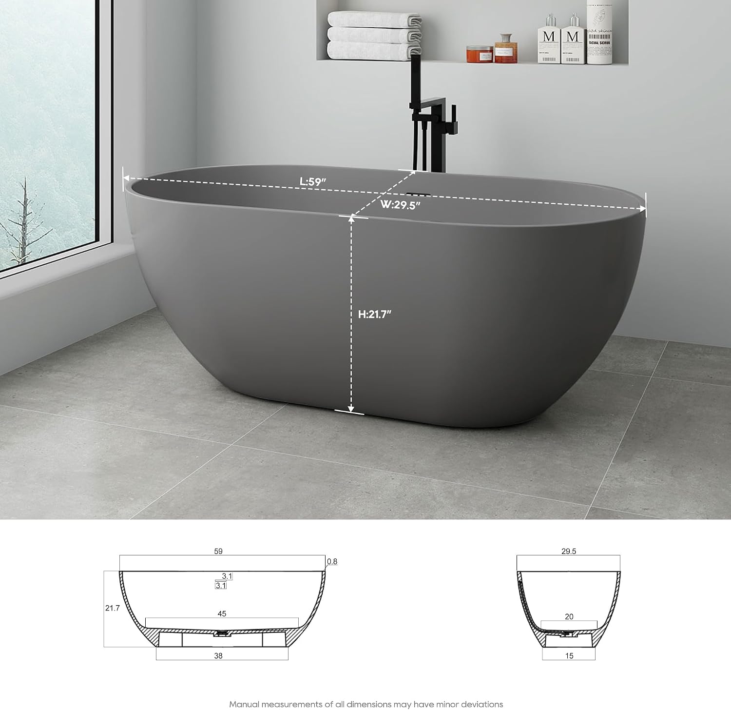 SJ STAR&JANE 59' Solid Surface Freestanding Bathtub Oval Stone Resin Soaking Tub Modern Stand Alone Tub with Overflow & Pop-up Drain for Bathrooms Dark Gray