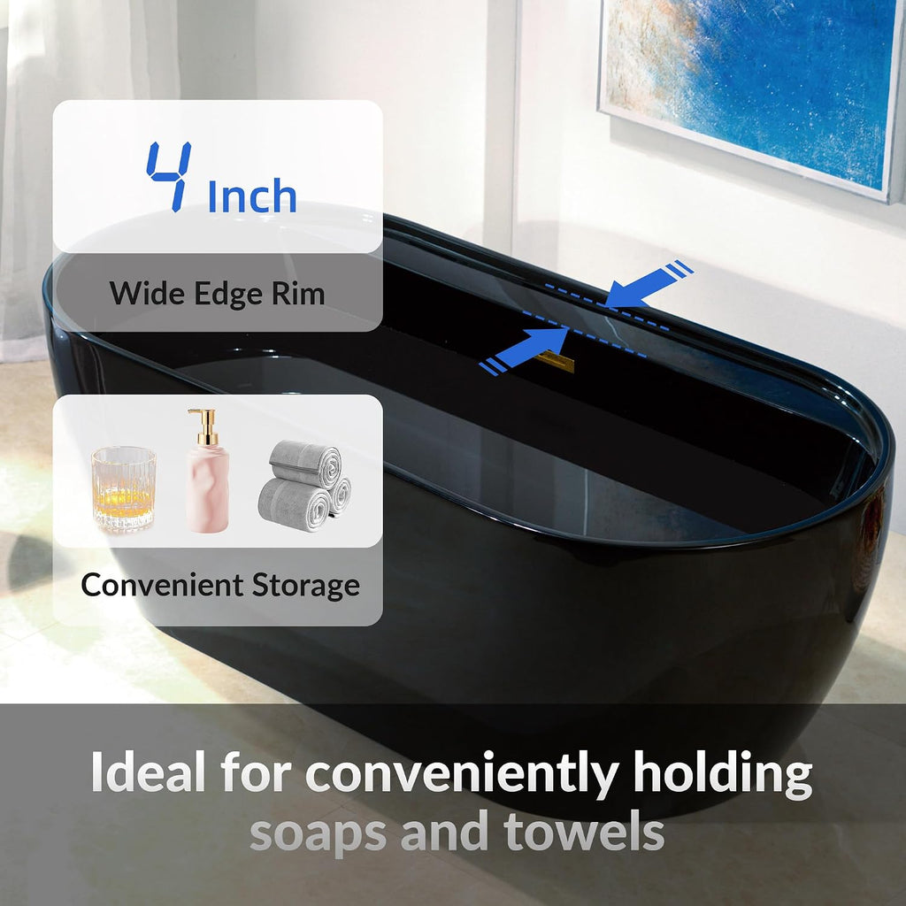 WOODBRIDGE 67' L x 31-1/2' W Freestanding Contemporary Acrylic Soaking Bathtub in Glossy Black Inside and Outside with Brushed Gold Drain & Overflow,B8863-BG
