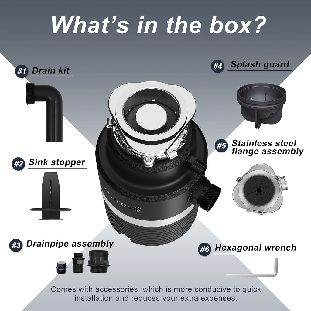 Trifecte Series 1 HP Continuous Feed Garbage Disposal with Sound Reduction, Power Cord, Stainless steel Flange,Splash Guard, Wrench Included, Black