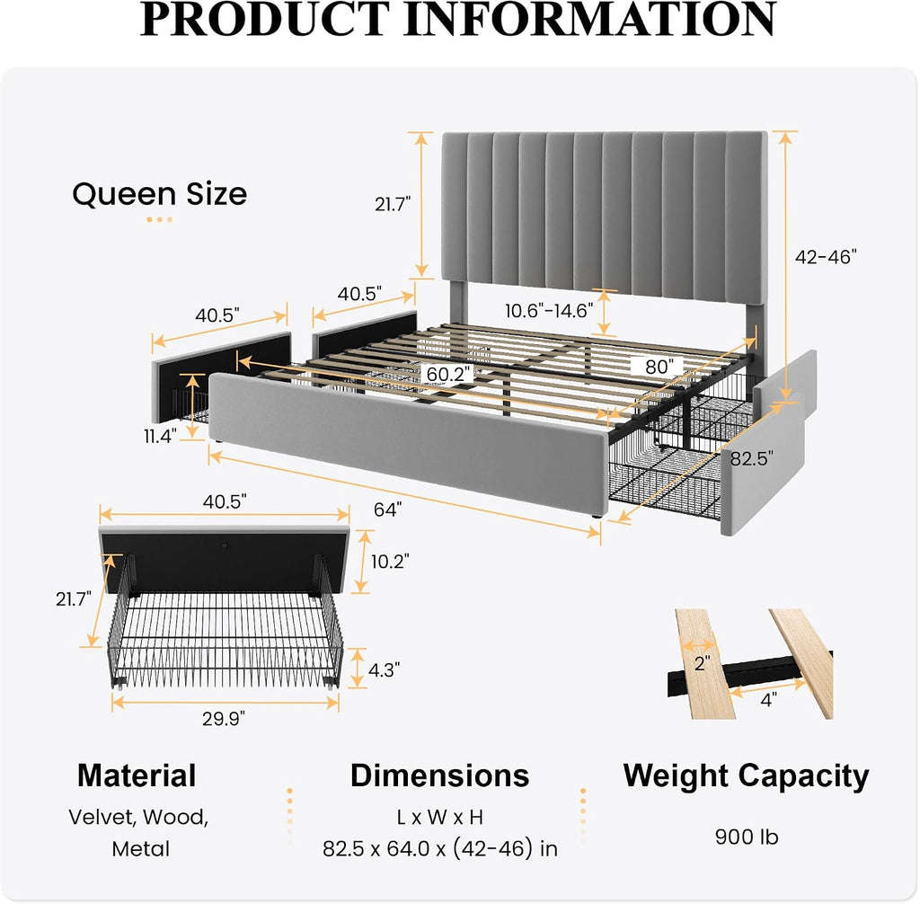 SHA CERLIN Queen Size Platform Bed Frame with 4 Storage Drawers, Vertical Channel Tufted Adjustable Headboard, Velvet Upholstered, Wooden Slats Support, No Box Spring Needed, Easy Assembly, Grey
