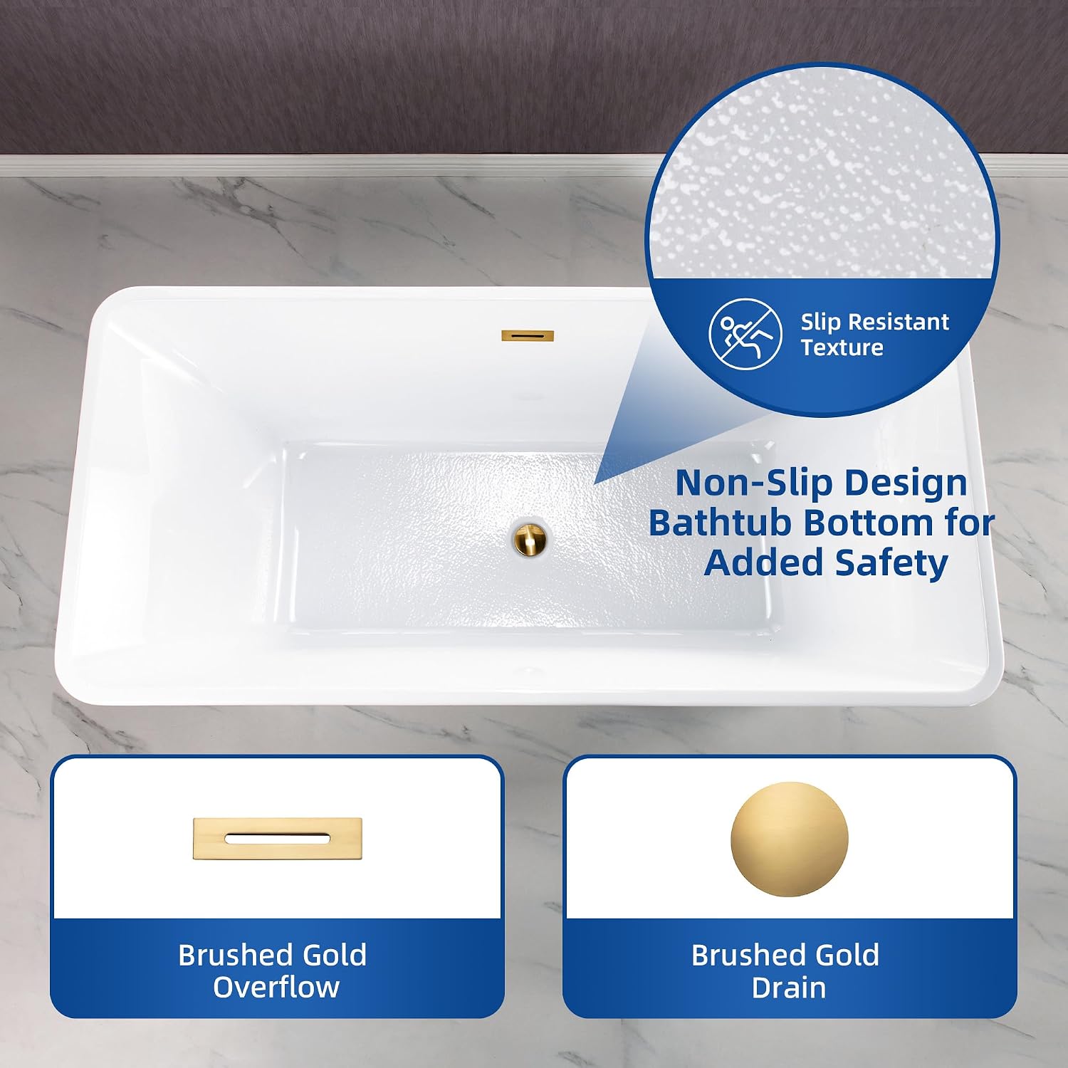 WOODBRIDGE 67' Acrylic Freestanding Bathtub Contemporary Soaking White Tub with Brushed Gold Overflow and Drain，BTA1609-BG-Drain &O