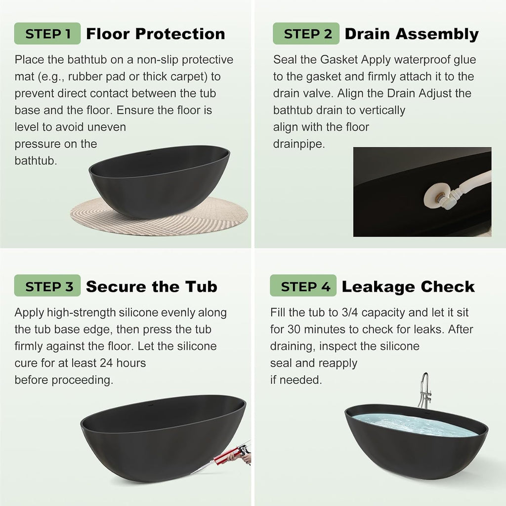 59' Premium Matte Black Solid Surface Freestanding Bathtub, Modern Design Stone Resin Bath Tub with Overflow and Pop-up Drain