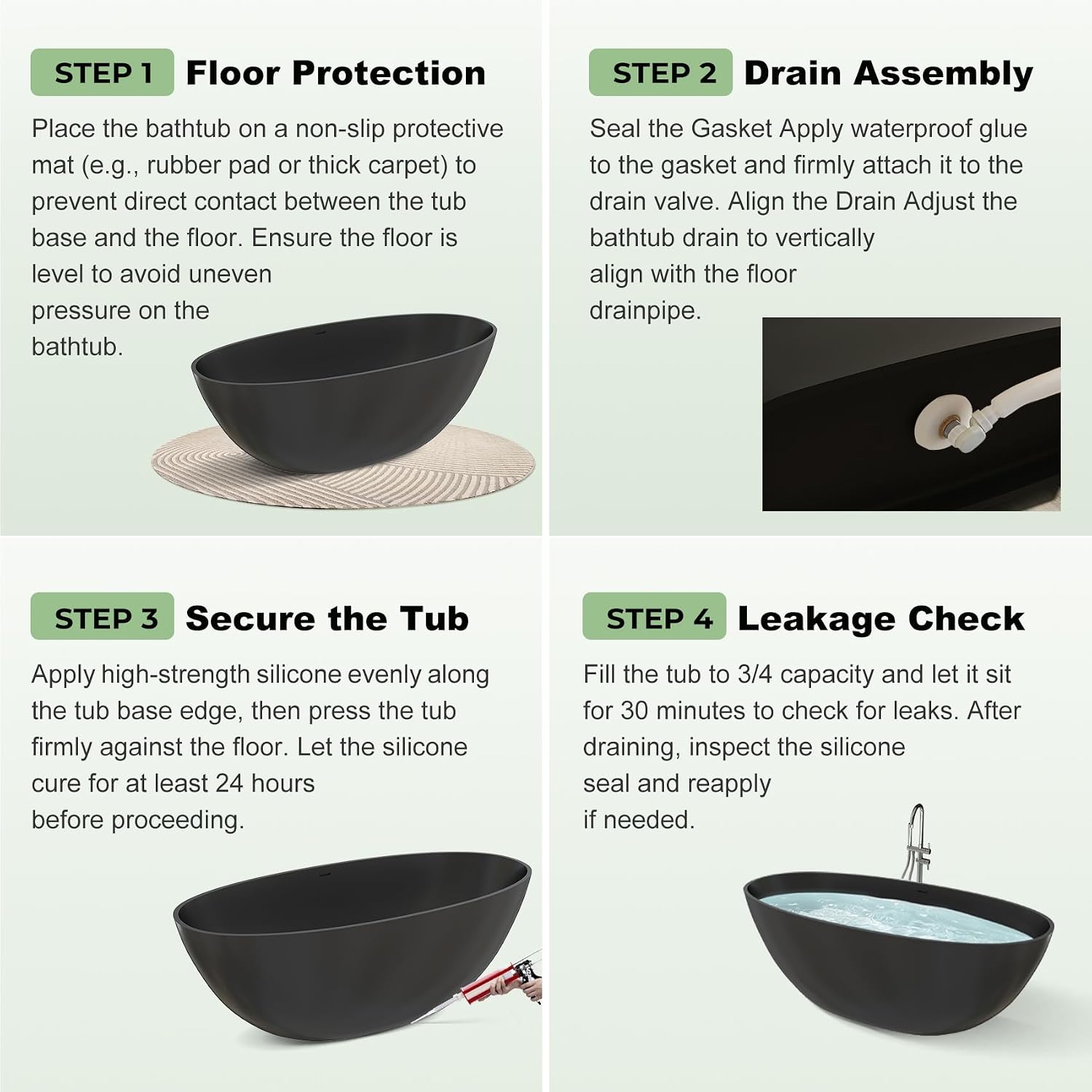 59' Premium Matte Black Solid Surface Freestanding Bathtub, Modern Design Stone Resin Bath Tub with Overflow and Pop-up Drain