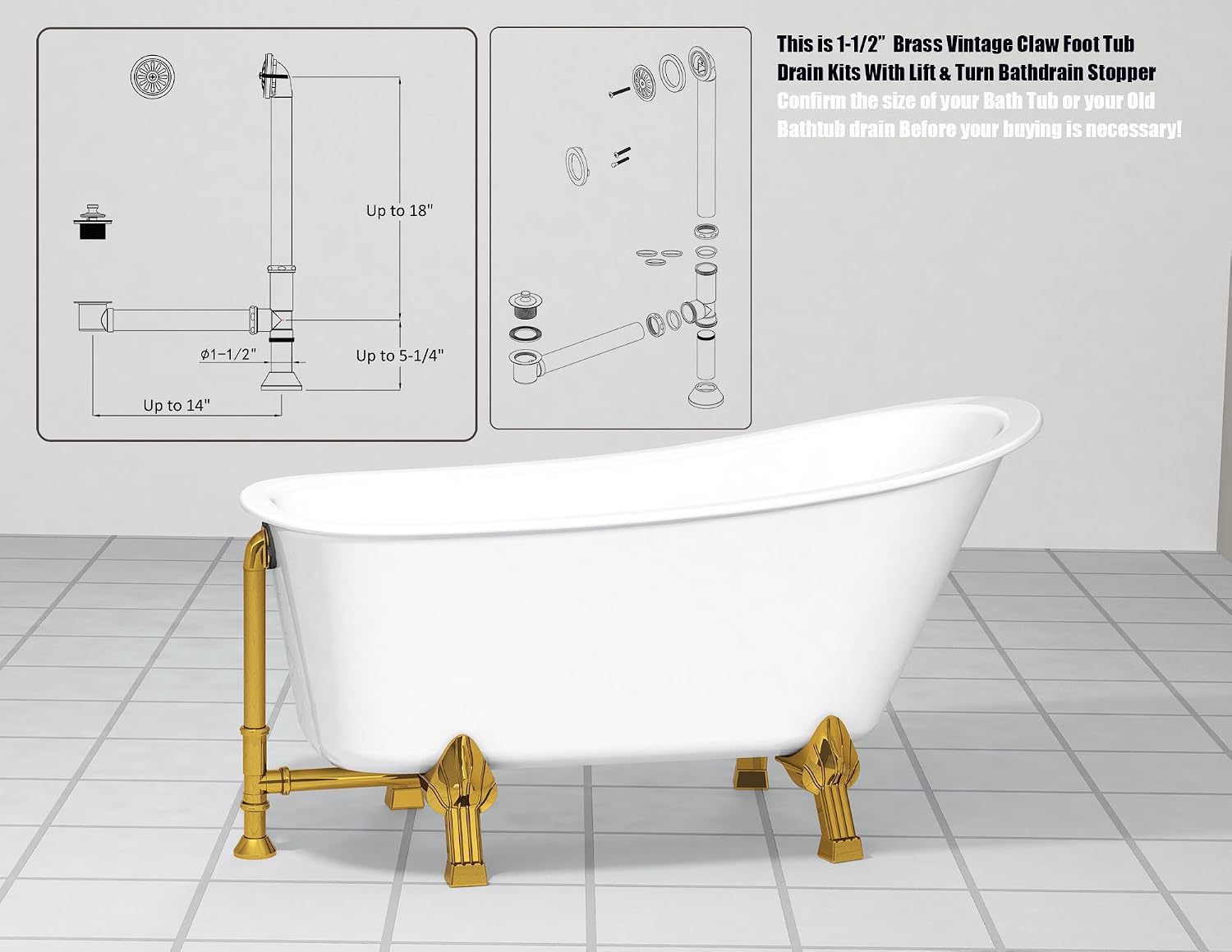 Artiwell Vintage Claw Foot Tub Drain Kit with Lift and Turn Bath Drain Stopper, 1-1/2' Brass Tubular Leg Tub Bathtub Waste and Overflow Drain Assembly with Drain Plug and Bathtub Overflow Cover