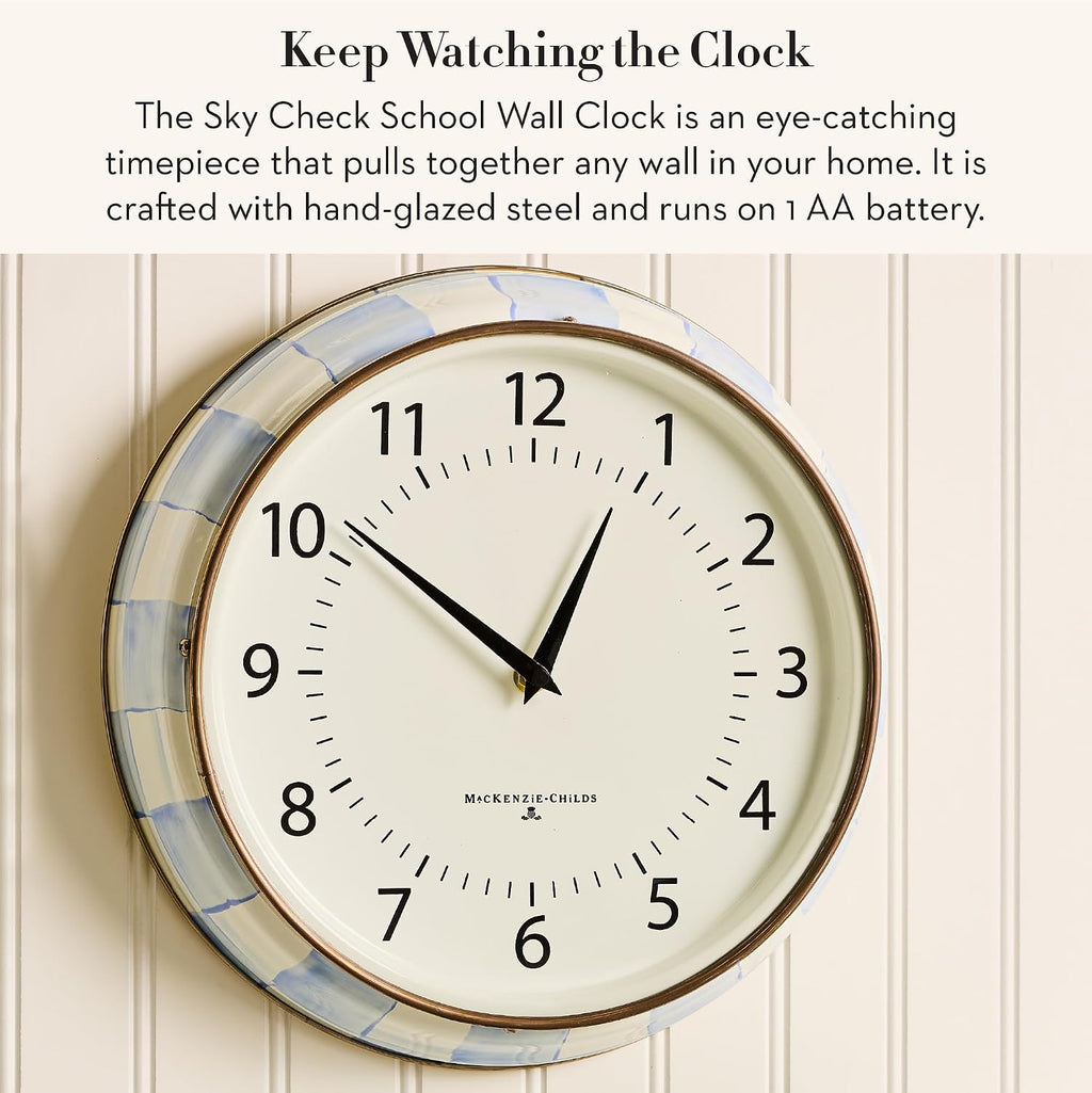 MACKENZIE-CHILDS School Wall Clock, Decorative Enamel Clock for Kitchen and Living Room, Light-Blue-and-White Sky Check