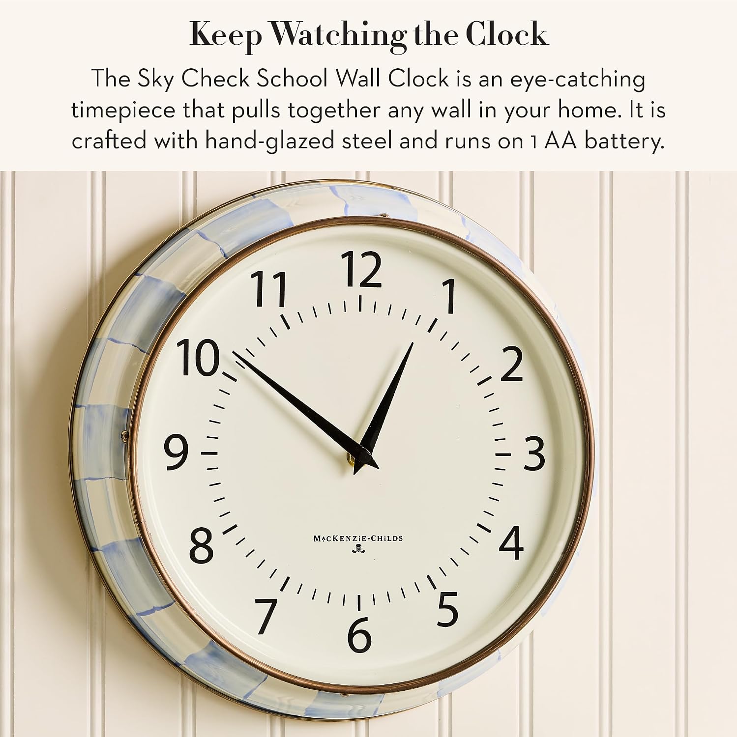 MACKENZIE-CHILDS School Wall Clock, Decorative Enamel Clock for Kitchen and Living Room, Light-Blue-and-White Sky Check