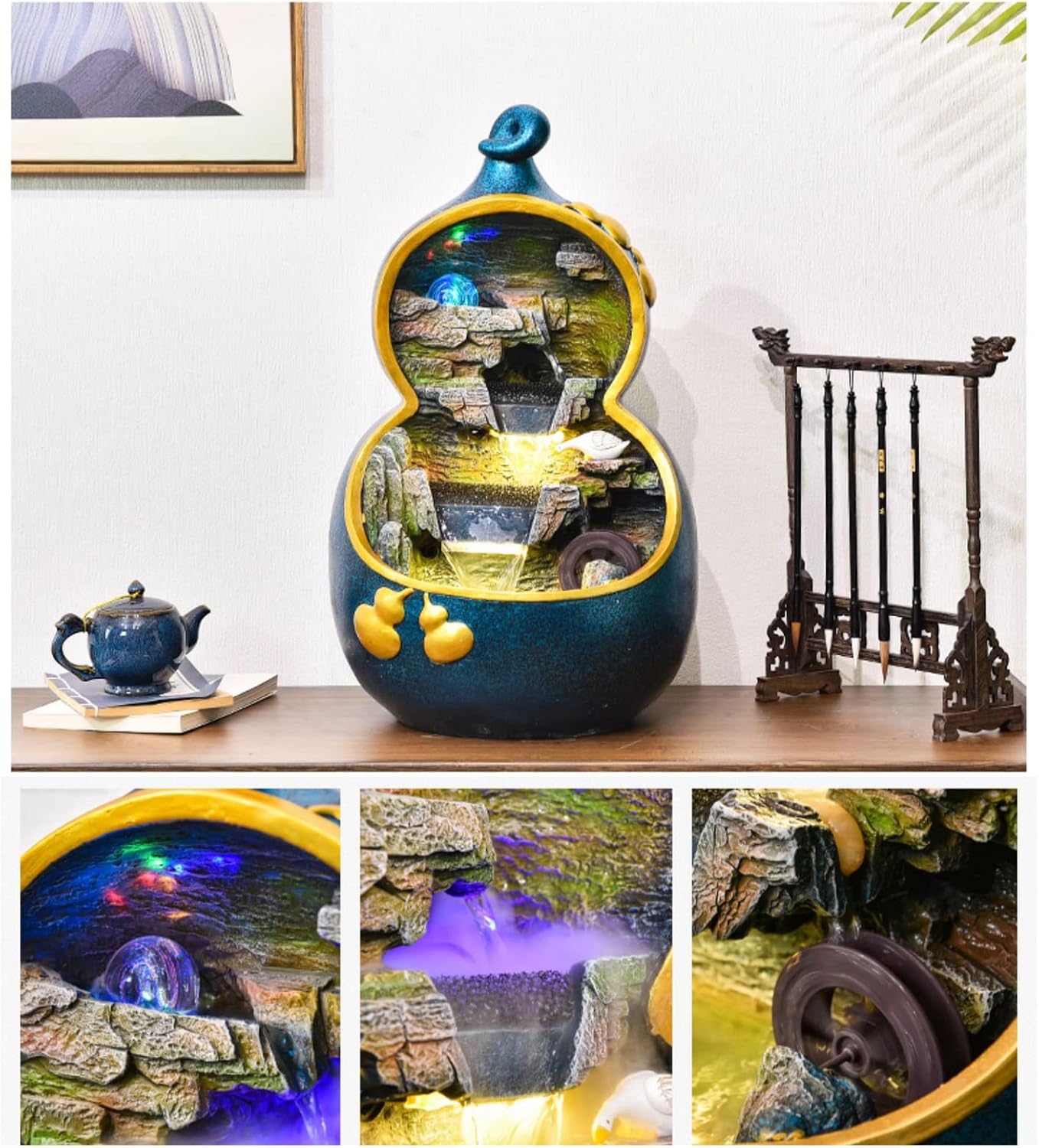 HIHELO Tabletop Fountain Indoor Resin Desktop Fountain Gourd Water Decoration Waterscape Fountain Living Room Desktop Home Desk Decoration Indoor Fountain