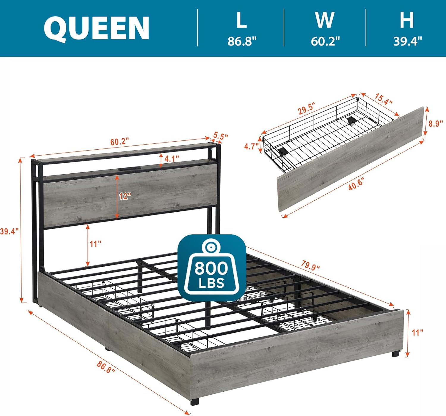 Kiivakii Queen Size Bed Frame with 4 Storage Drawers, LED Platform Bed with Headboard, Built in Charging Station, Noise Free, Stable and Solid, No Box Spring Needed, Gray