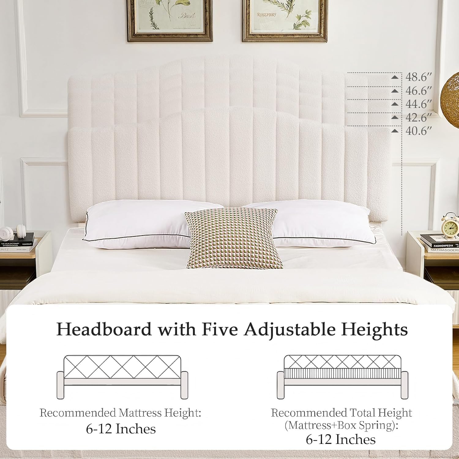 VECELO Full Size Upholstered Platform Bed Frame with Adjustable Teddy Fabric Headboard, Strong Wood Slats, 7.9' Under-Bed Storage, Noise-Free, No Box Spring Needed - Beige