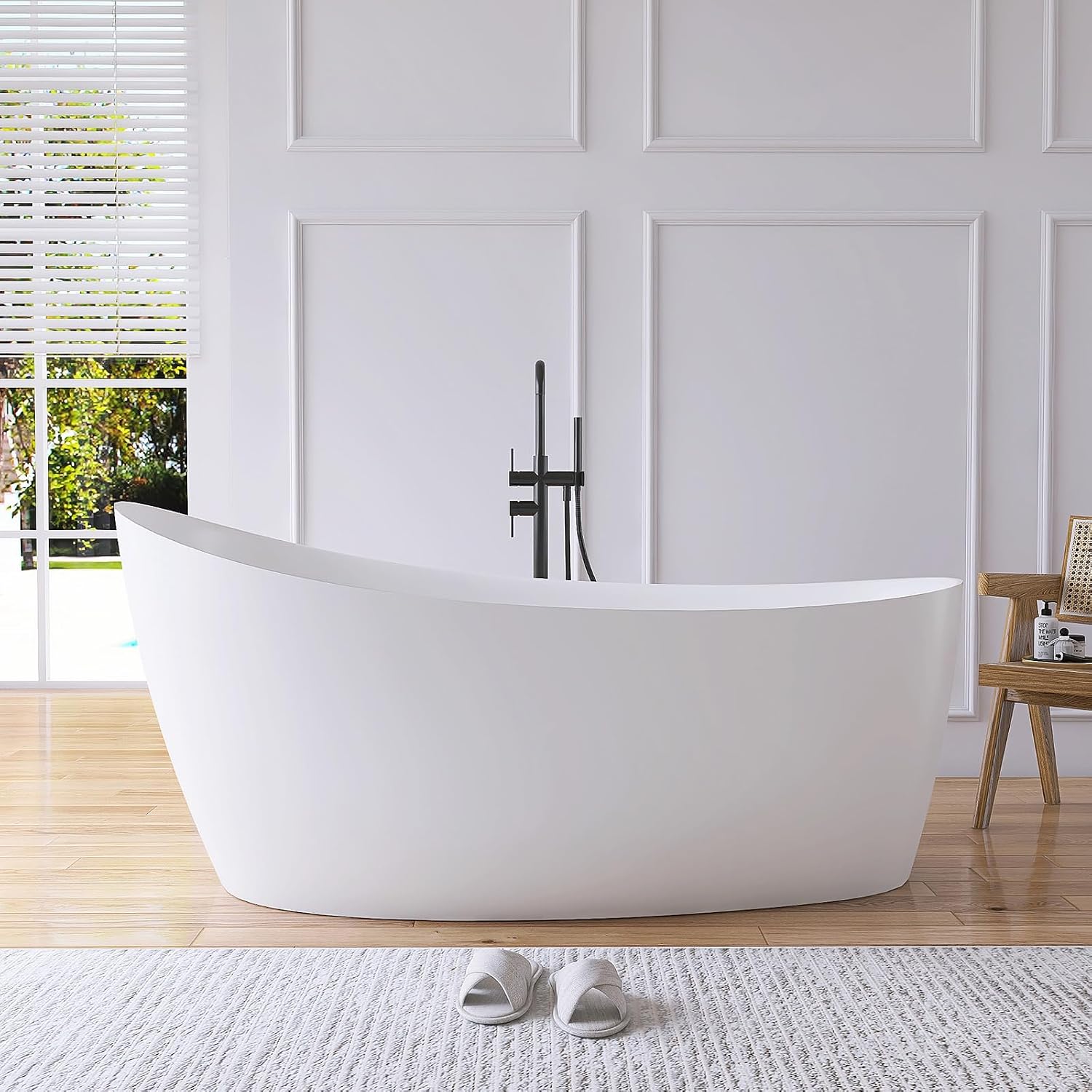 65' Free Standing Tub Bathtub Resin Stone, Solid Surface Freestanding Bathtub, Contemporary Soaking Tub Bathtubs with Overflow and Pop up Drain, Matte White