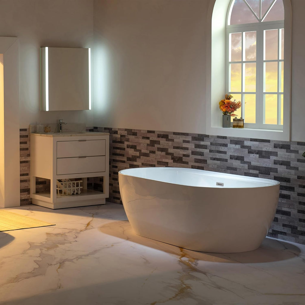 WOODBRIDGE 72' Acrylic Freestanding Bathtub Contemporary Soaking White Tub with Chrome Overflow and Drain,B0059-CH