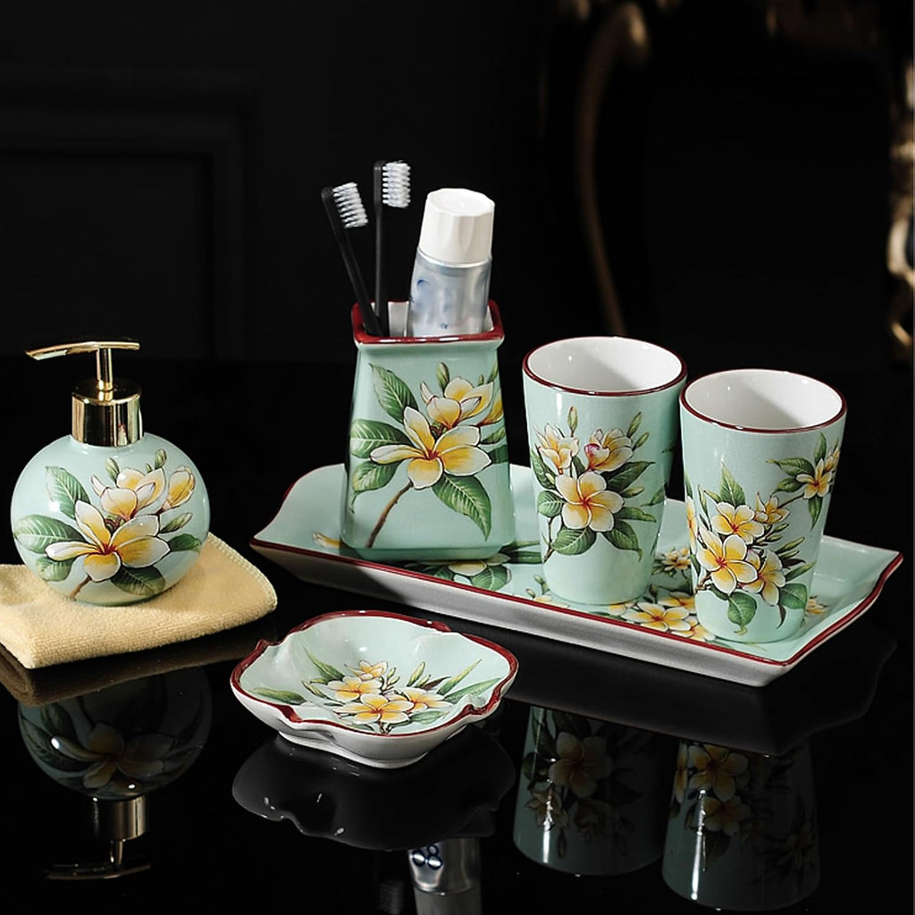 Bathroom Set Complete Toothbrush Holder,Soap Dish, Lotion Dispenser, Ceramic Bathroom Accessory Sets Wash Set,Vanity Countertop Accessories - 6 Piece (Square) (Green)