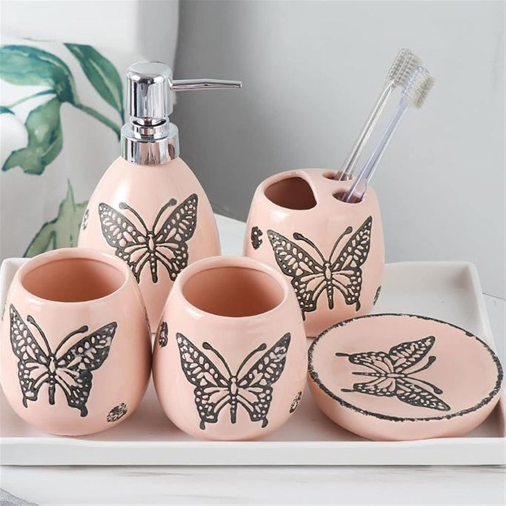 Soap Dispenser/Dispenser for Handwashing Fluid Bathroom Accessories Set 6 Pieces Includes Soap Dispenser Toothbrush Holder Tumbler Soap Dish and Tray,(Pink)