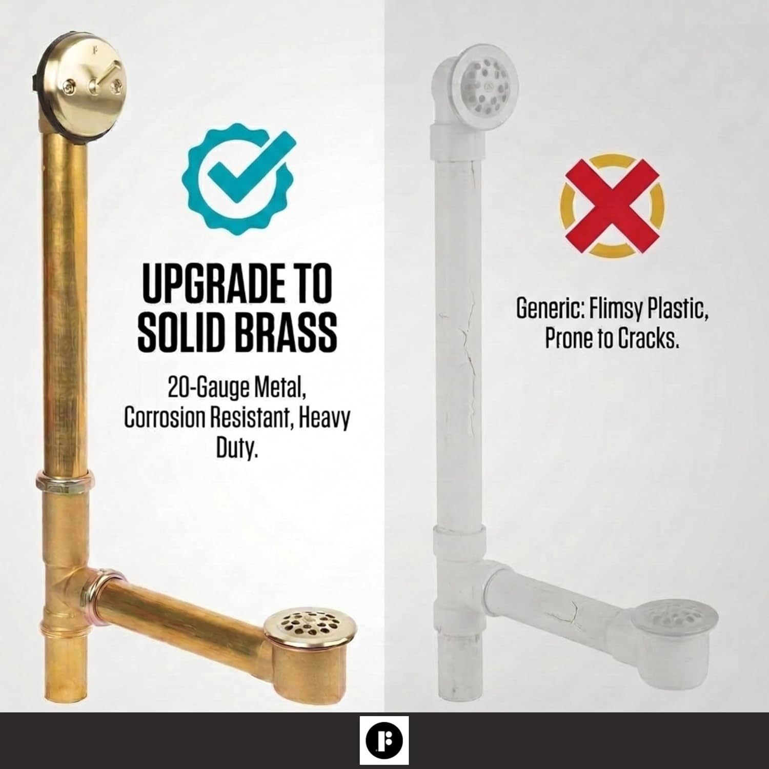 Fine Fixtures Bathtub Shower Drain - 20 Gauge Brass Tubing, Trip Lever Overflow Assembly Tub Drain Kit - Satin Brass