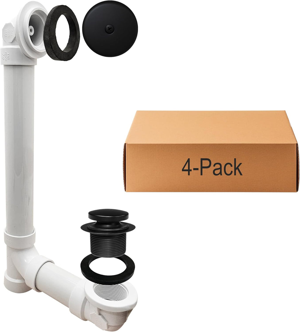 Westbrass D49321-4-62 1-1/2' x 12' Bath Waste & Overflow Assembly with One-Hole Faceplate Cover and Tip-Toe Drain Plug - SCH. 40 PVC, Matte Black (4-Pack)