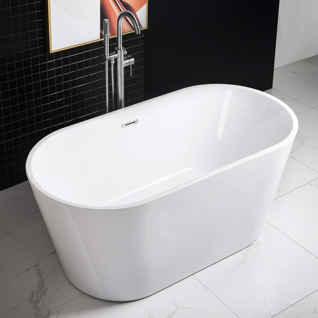 WOODBRIDGE 59' Freestanding White Acylic Soaking Bathtub with Chrome Drain and Overflow, BTA1514-C