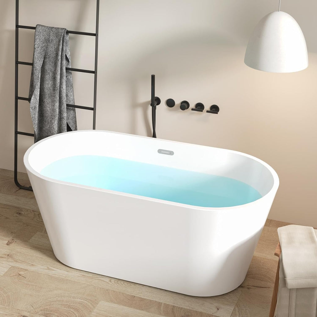 FerdY 59' Shangri-La Elite, Acrylic Freestanding Bathtub, Modern & Contemporary Design Soaking Tub with Chrome Pop-Up Drain and Minimalist Design Overflow, Glossy White, cUPC Certified