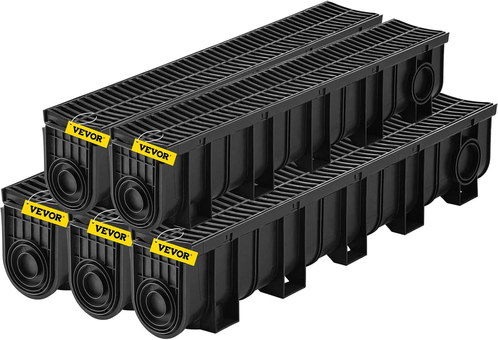 VEVOR Trench Drain System 5 Pack, Channel Drain with Plastic Grate 5.9 x 7.5 in HDPE Drainage Trench, Black Plastic Garage Floor Waterway 5 x 39 in with 5 End Caps for Garden Driveway