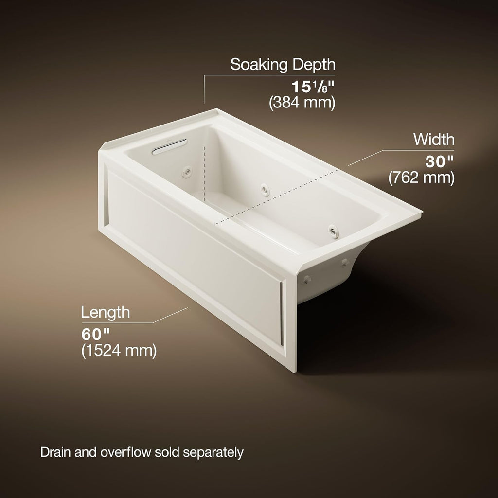 KOHLER K-1947-LA-96 Archer 60' x 30' Alcove Whirlpool with Integral Apron, Tile Flange and Left-Hand Drain, Biscuit