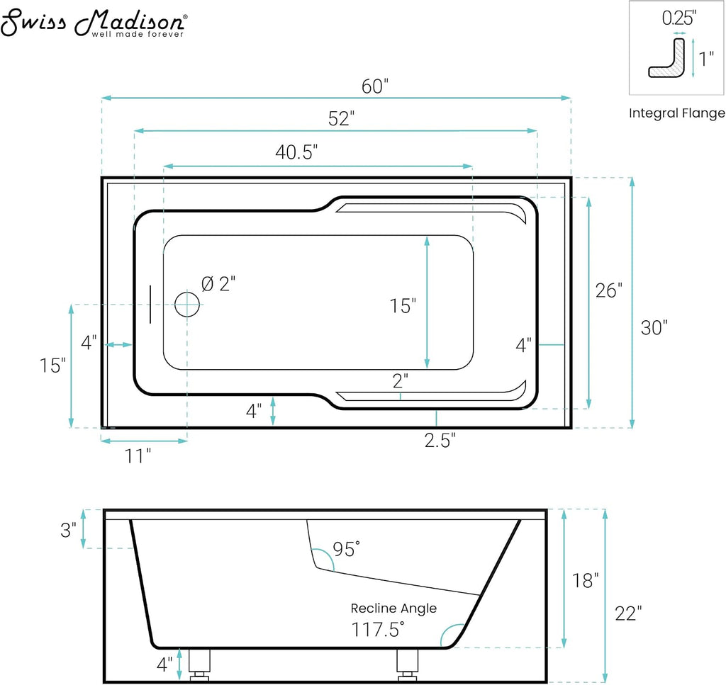 Swiss Madison Voltaire 60 x 30 Skirted Left Drain Soaking Apron Bathtub in Matte Black with Integrated Overflow and Armrest, Drain Included