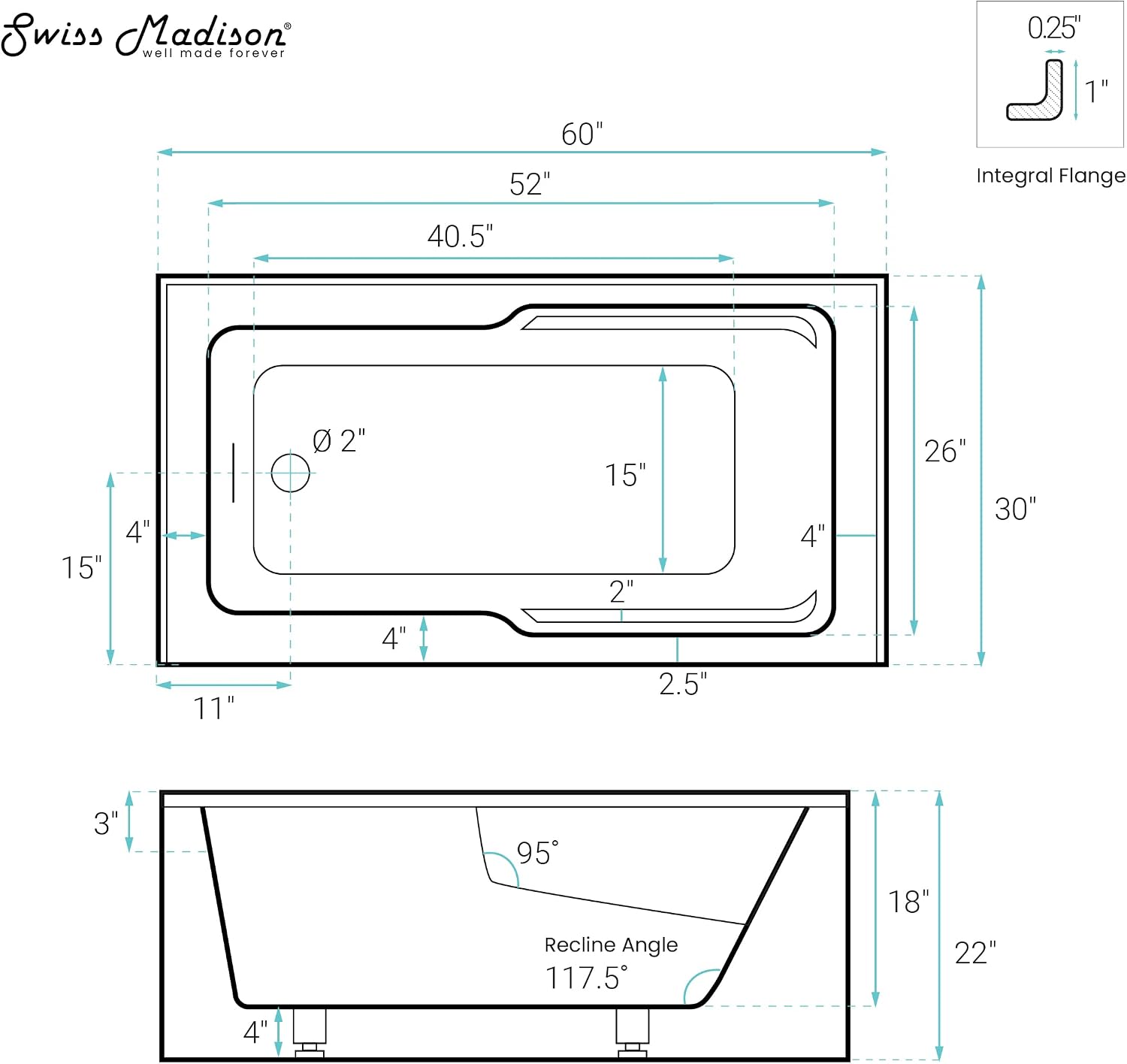 Swiss Madison Voltaire 60 x 30 Skirted Left Drain Soaking Apron Bathtub in Matte Black with Integrated Overflow and Armrest, Drain Included