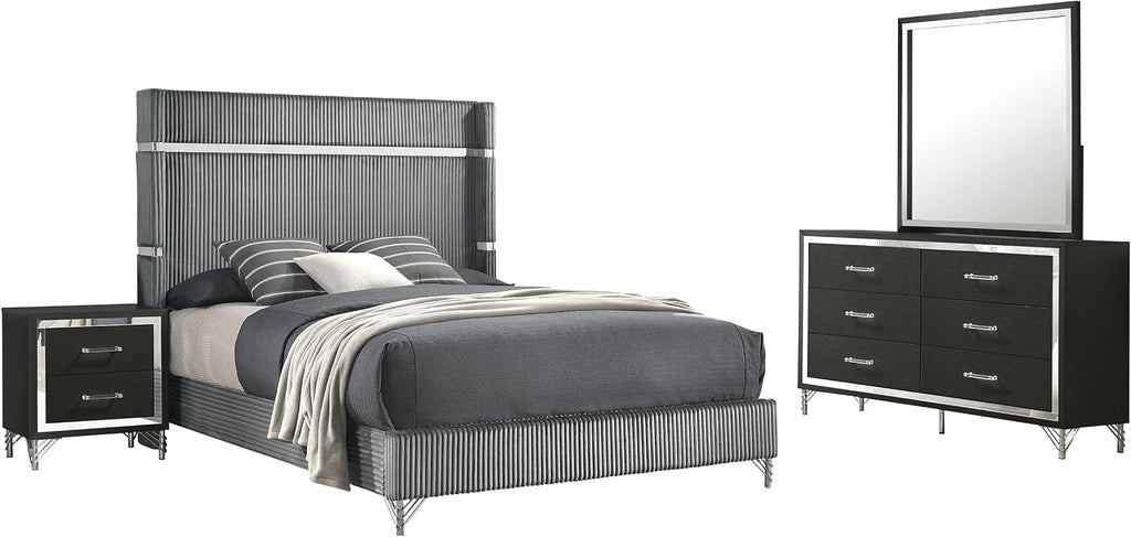 Coaster Home Furnishings Lucia Modern Classic 4-Piece Bedroom Set Velvet Upholstered Queen Size Wingback Bed Frame 61-inch Headboard Grey and Black 224991Q-S4