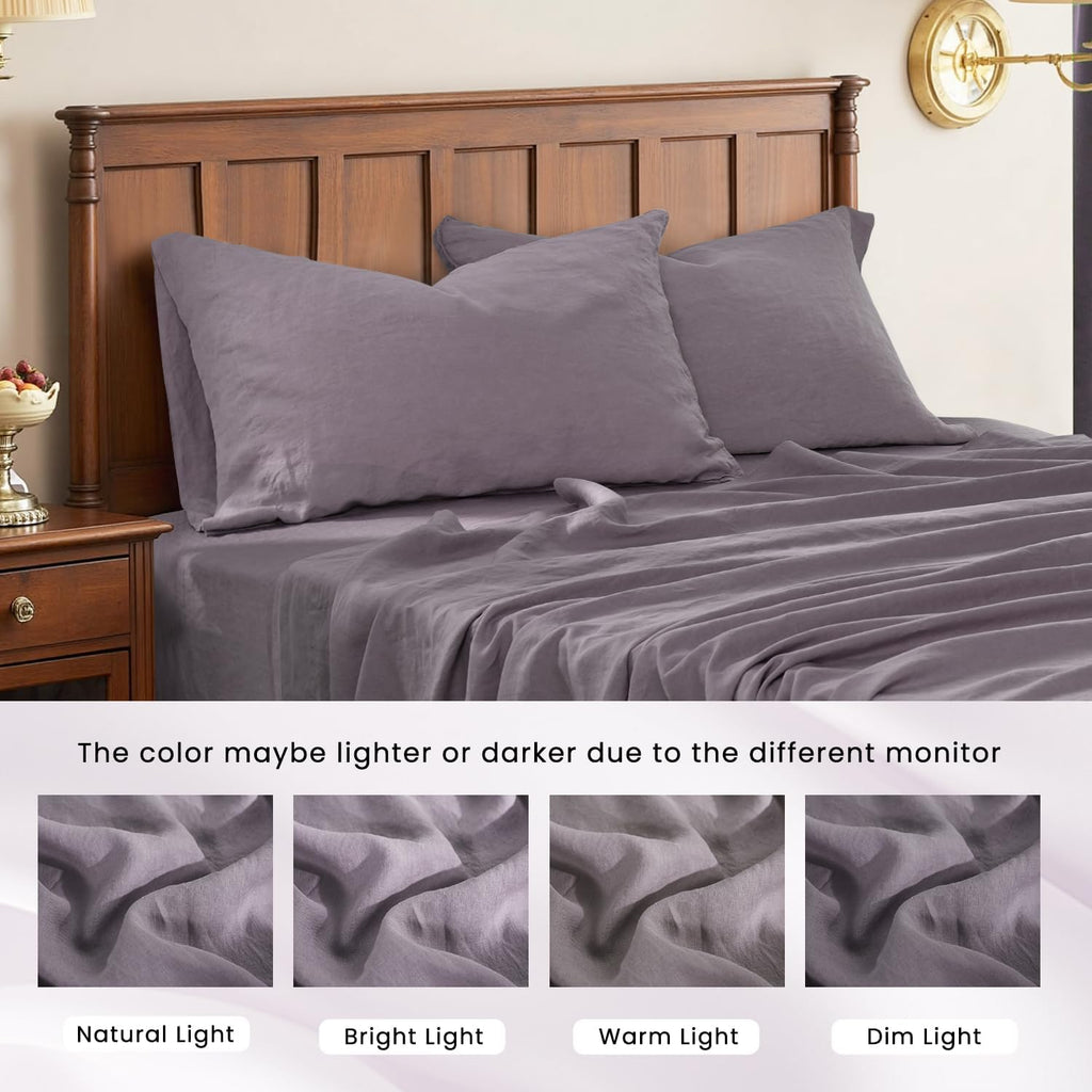 S VICTORY SYMBOL 100% Organic Linen Sheet Sets Full,Washed French Flax Bedding Set 4 Pieces(2 Pillowcases,1 Fitted Sheet,1 Flat Sheet),16inch Deep Pocket Linen Bed Sheets,Dusty Purple
