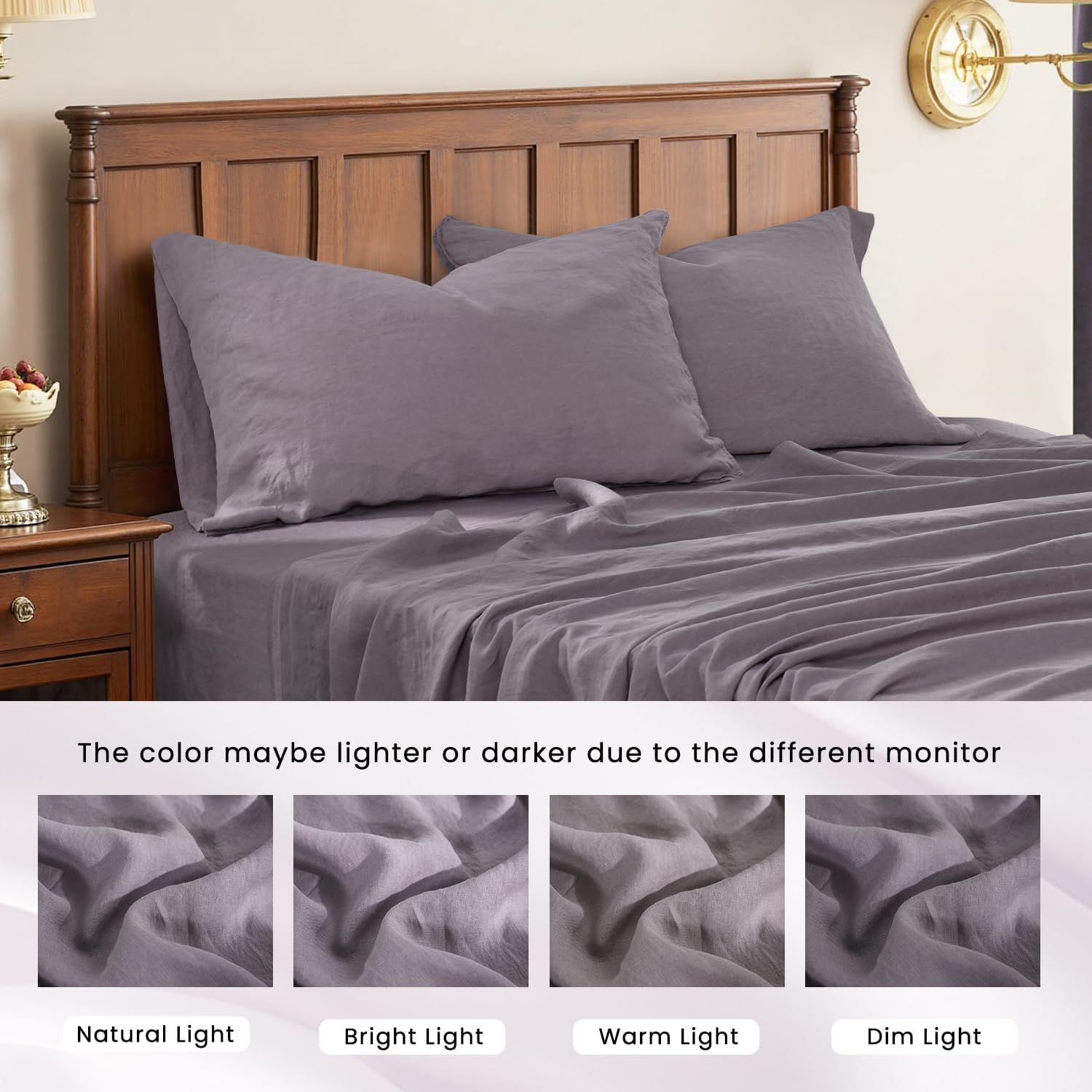 S VICTORY SYMBOL 100% Organic Linen Sheet Sets Full,Washed French Flax Bedding Set 4 Pieces(2 Pillowcases,1 Fitted Sheet,1 Flat Sheet),16inch Deep Pocket Linen Bed Sheets,Dusty Purple