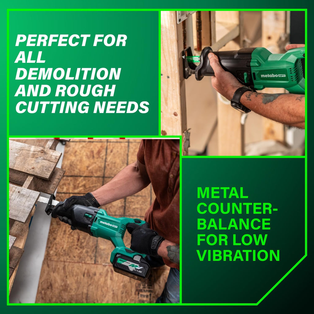 Metabo HPT 18V MultiVolt Cordless Reciprocating Saw, Orbital Cut Mode, 36% Less Vibration, 1-1/8' Stroke Length, 3,000 SPM, LED Light, Tool Body Only, CR18DBQ4