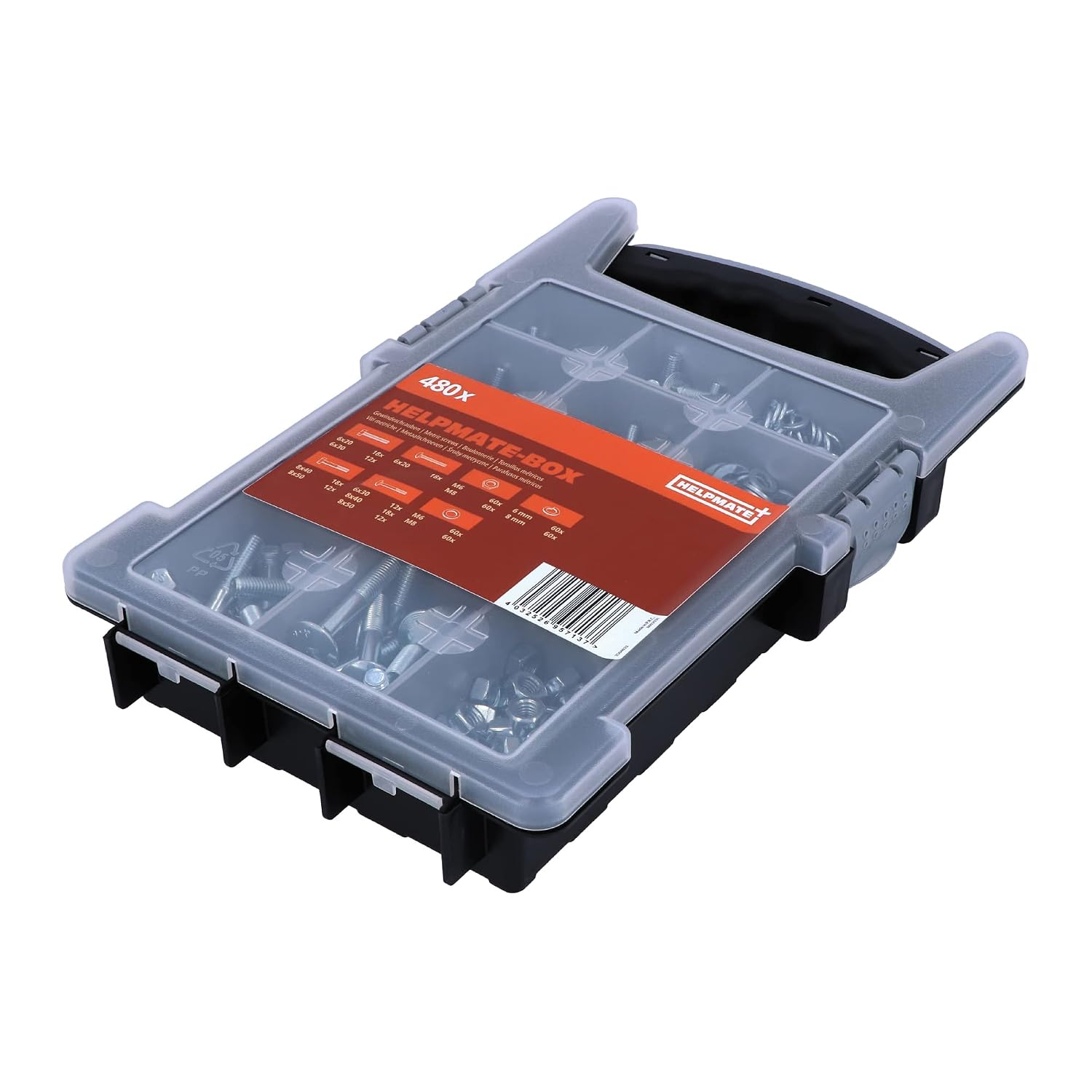 HELPMATE Box with Threaded Screws Set - Total of 480 Washers, Nuts Set, Washers, Hex Nuts, Carriage Bolts, Metric Screws with Round Head