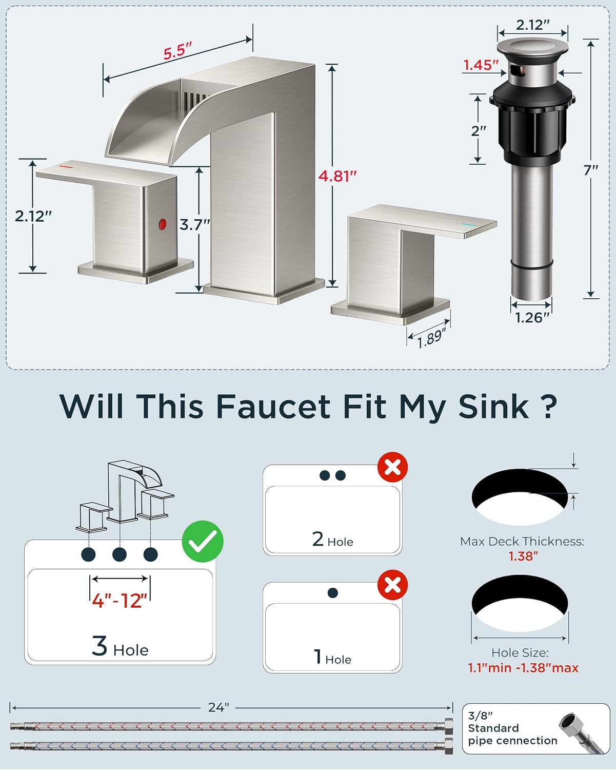 FORIOUS 2 Pack, Bathroom Faucets 3 Hole Brushed Nickel, Waterfall 8 Inch Widespread Bathroom Sink Faucet with Metal Pop-up Drain and Supply Lines, Two Handles for Vanity, Lavatory, Restroom