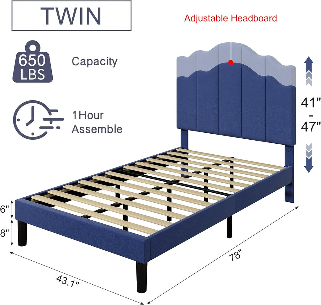 VECELO Twin Size Upholstered Platform Bed Frame with Adjustable Headboard, Wood Slat Support and Noise-Free, No Box Spring Needed, Easy Assembly, Dark Blue