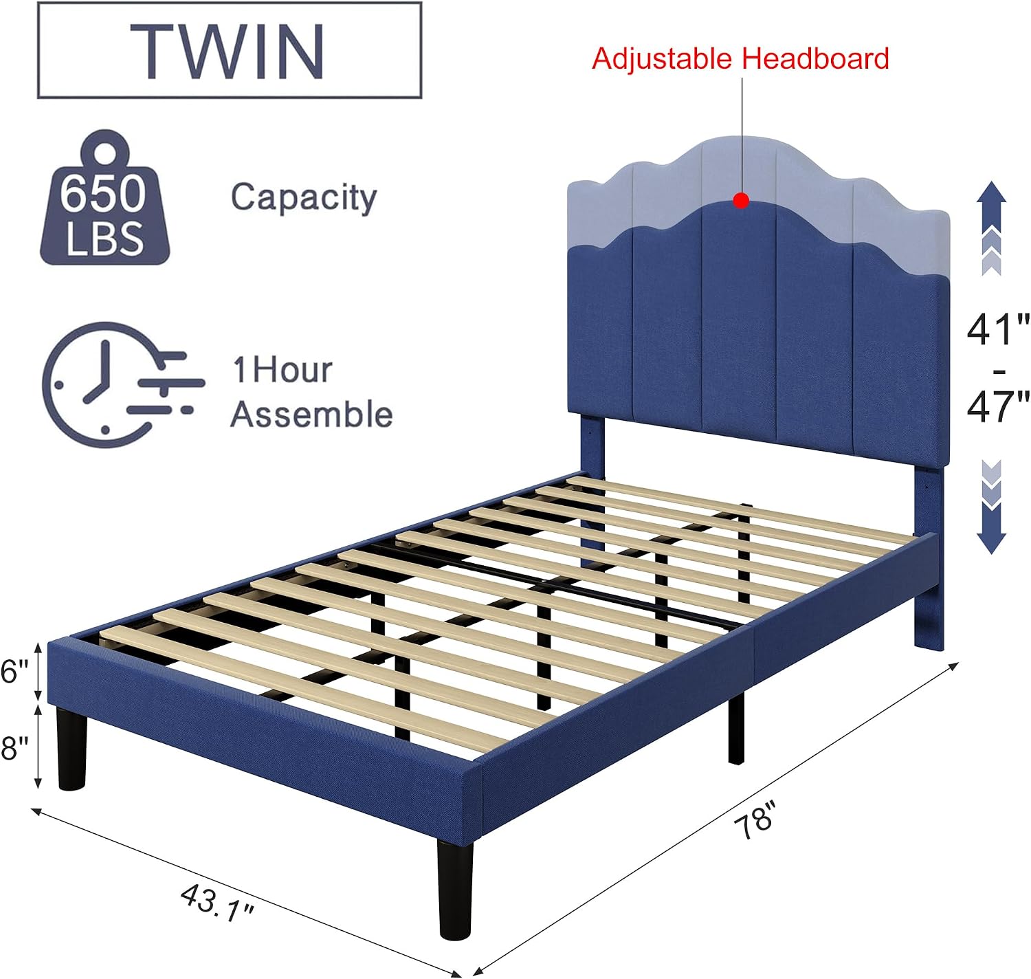 VECELO Twin Size Upholstered Platform Bed Frame with Adjustable Headboard, Wood Slat Support and Noise-Free, No Box Spring Needed, Easy Assembly, Dark Blue