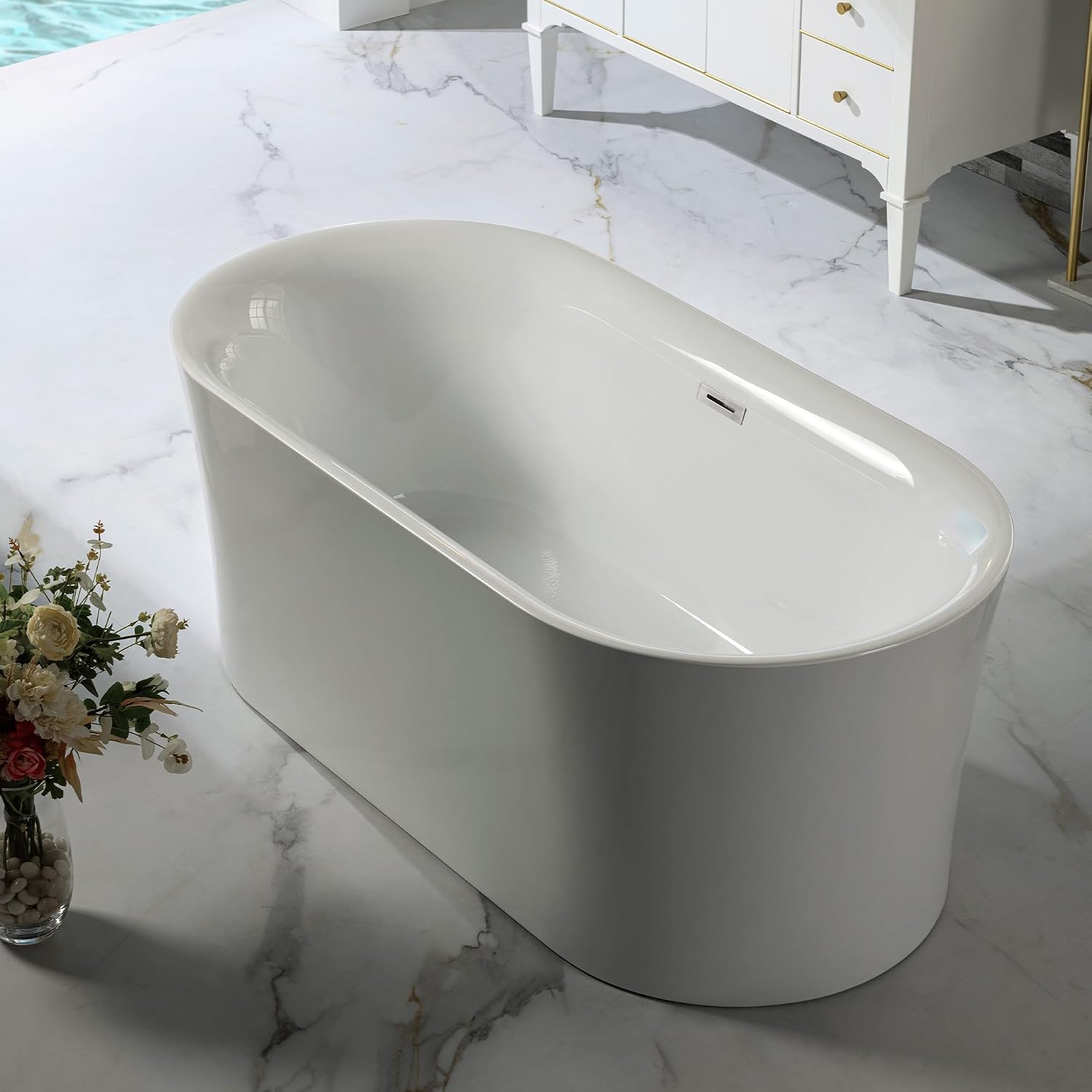 WOODBRIDGE 59' Acrylic Freestanding Bathtub Contemporary Soaking Tub with Brushed Nickel Overflow and Drain,White Tub,B0058-BN