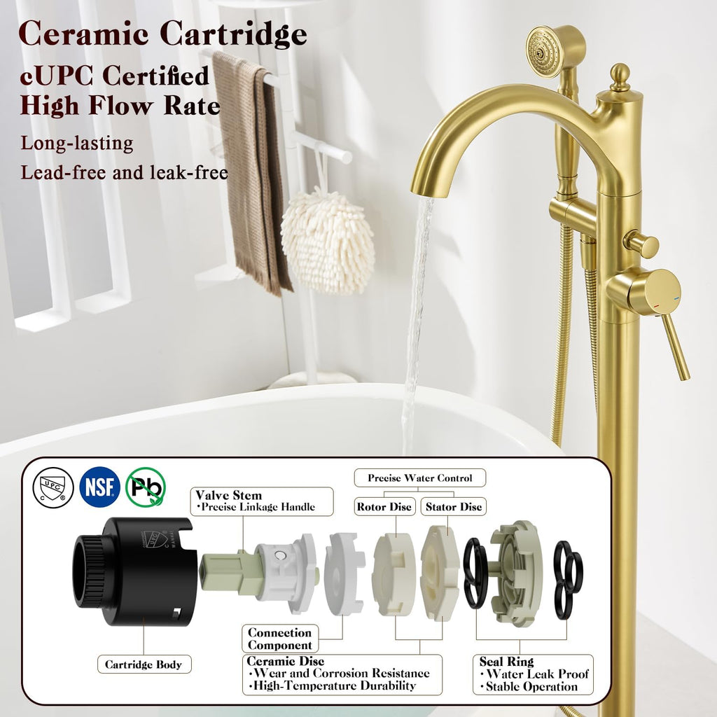 Free Standing Tub Faucet, High Flow Rate Brushed Light Gold Classic Freestanding Tub Faucets with Hand Shower Brass Floor Mount Tub Filler （WT-9002BGZZ）