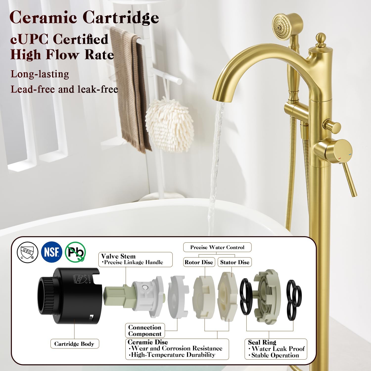 Free Standing Tub Faucet, High Flow Rate Brushed Light Gold Classic Freestanding Tub Faucets with Hand Shower Brass Floor Mount Tub Filler （WT-9002BGZZ）