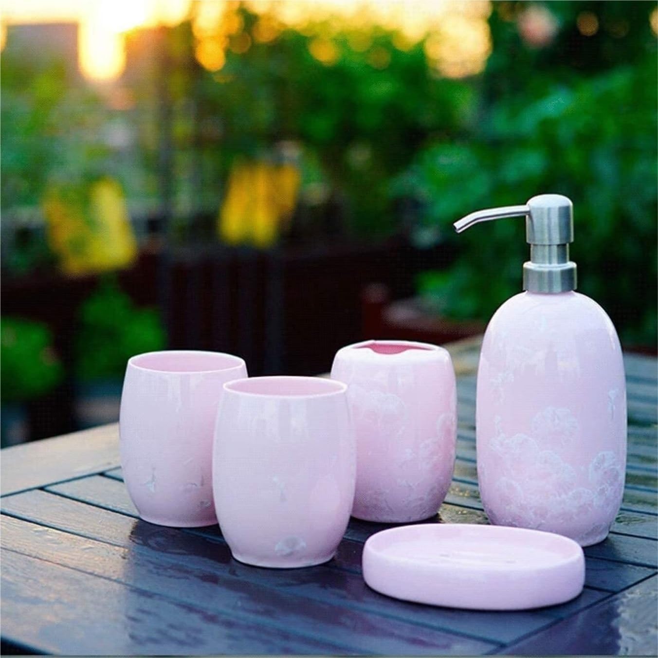 Countertop Organizer for Bathroom Soap Dispenser Decoration Ceramic Bathroom Accessory Set 5-Piece with Ice Flower Pattern Home Decor(Blue)