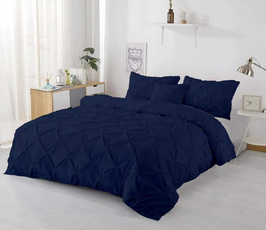 Kotton Culture 120'x 120' 3 Pc Super King Plus Pinch Pleated - Pintuck Duvet Cover Set - 100% Egyptian Cotton 600 TC - Zipper Closure & 7 Internal Ties- Fits Extra Large King Inserts - Navy Blue
