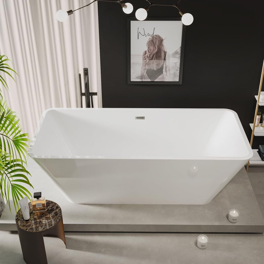 66 Inch Freestanding Bathtub Acrylic Deep Soaking Tub with Overflow & Chrome Drain, Glossy White Modern Design for Bathroom Remodel, Easy Install Home Spa