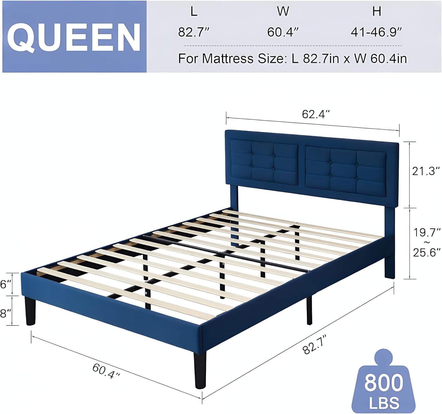 VECELO Queen Size Bed Frame, Adjustable Upholstered Button Tufted Headboard, Heavy-Duty Bedframe with Wood Slats Support, No Box Spring Needed, Aegean Blue