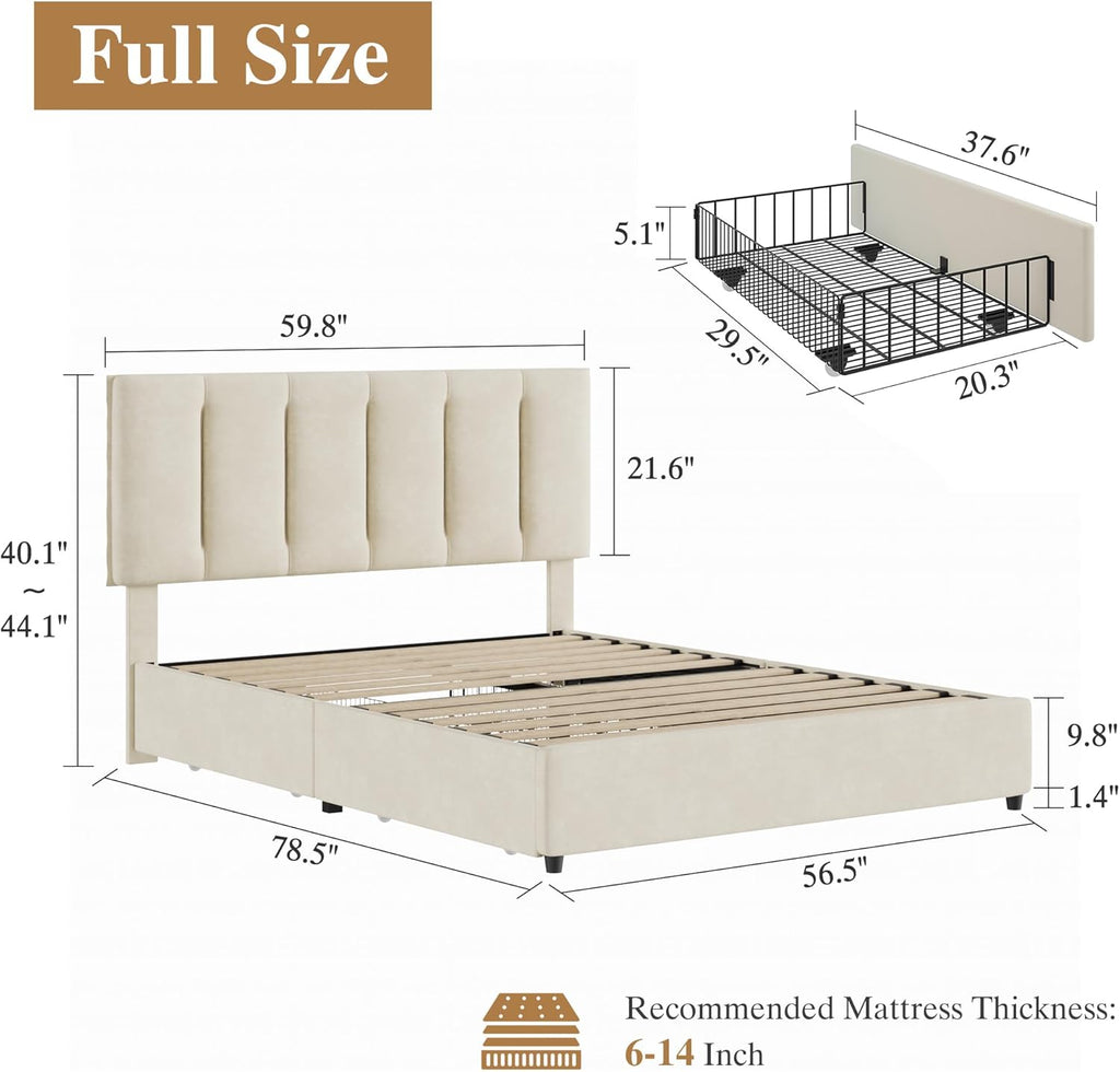 VECELO Full Size Bed Frame with 4 Storage Drawers, Adjustable Height Headboard, Heavy-Duty Platform Bedframe with Strong Wooden Slats, No Box Spring Needed, Pale Beige