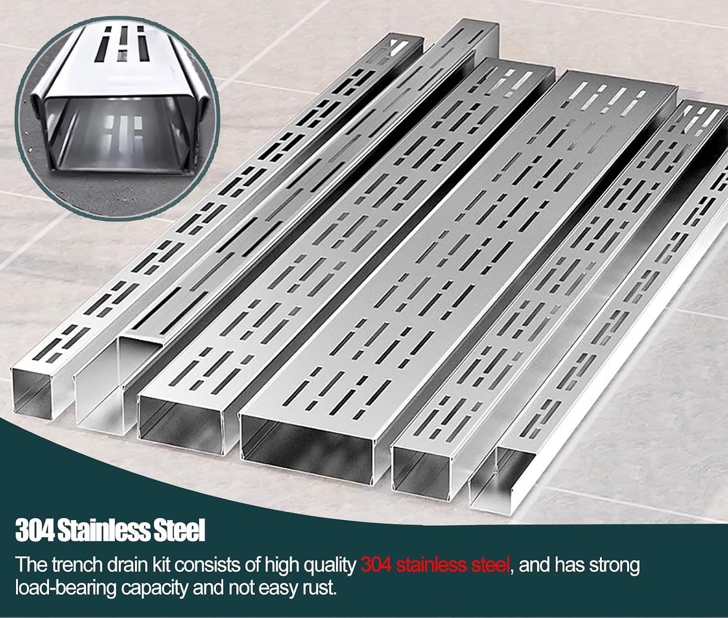 78.7in/ 6.5ft Long Trench Drain System for Yard Low Profile/ Patio/ Driveway, Heavy Duty 2-in Slim Channel Drain and Grate Kit, 4' 2 4/5 Wide Stainless Steel Outdoor Linear Drain Channel(W x H - 2 4/5